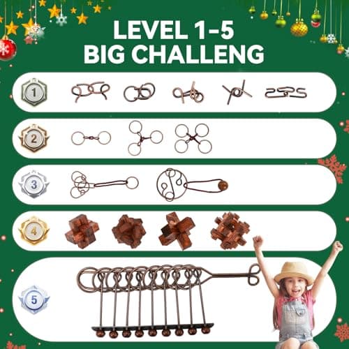 24 Pcs Brain Teaser Puzzles for Kids Adults - Metal and Wooden Puzzles for Adults Teens, Unlock Interlocking Puzzle IQ Education Smart Toys,Difficult Magic Brain Teaser Puzzle - Thumbnail 6
