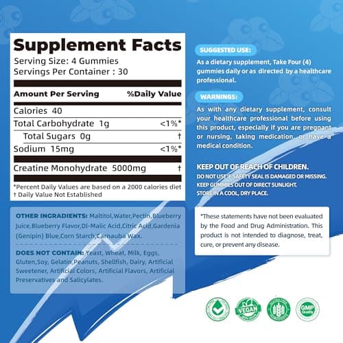 NSF Certified Creatine Gummy - Creatine Monohydrate Gummies 5000mg for Men & Women -120 Gummies Advanced Formula, Muscle Strength, Muscle Builder, Energy Boost, Pre-Workout Supplement-Blueberry - Thumbnail 2
