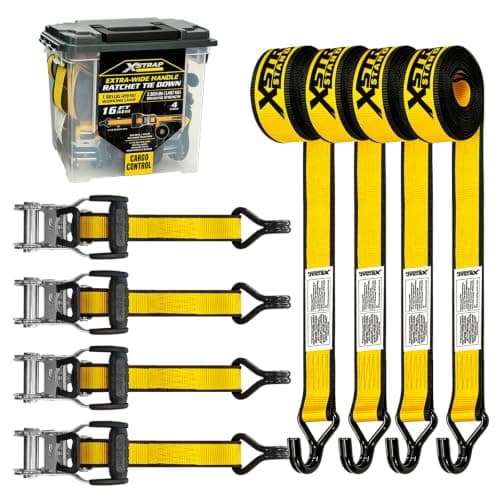 XSTRAP 4 Pack Ratchet Straps 1.5" x 16ft 3,300lbs Break Strength Tie Down Straps, Ergonomic Handle with Double J Hooks & Ammo Storage Box for Truck, Trailers, Motorcycle, ATV & Boat (Yellow) - Image 1