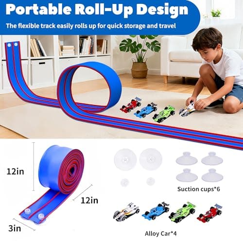 FUTESI Flexible Race Car Track for Kids 15 Ft Flex Tracks Starter Set Compatible with Diecast 1/64th Cars Portable Rolls Up Race Tracks with Strong Suction Cups Birthday Gifts for Boys Girls Ages 3+ - Thumbnail 3