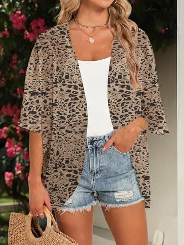GKBK Women's Floral Print Puff 3/4 Sleeve Kimono Lightweight Cardigan Loose Cover Up Ladies Shirts Casual Cute Blouse Tops Leopard XL - Thumbnail 2