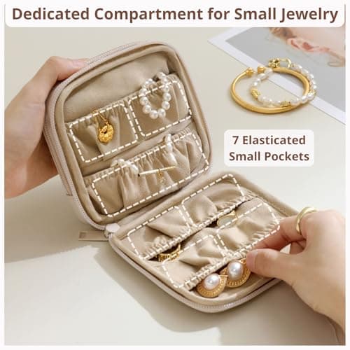tianzong Small Travel Jewelry Case, Bridesmaid Gifts, Tangle-Free Jewelry Pouch Bag with Gift Box, Waterproof PU Jewelry Organizer for Valuables (Beige, Double Zipper) - Thumbnail 4