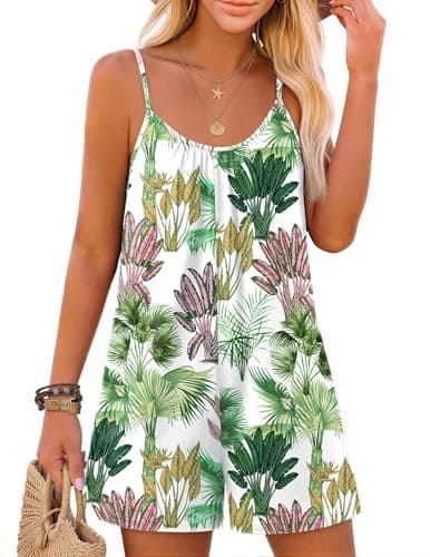 Ekouaer Summer Rompers for Women Boho Beach Vacation Outfits Sleeveless Loose Shorts Overalls 2026 Jumpsuit With Pockets Palm Trees M - Image 1