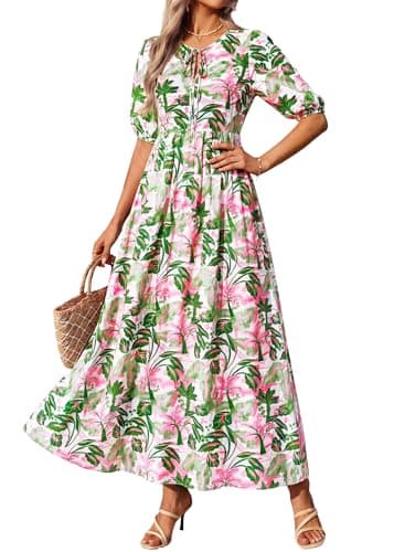 KIRUNDO Summer Dresses for Women 2026 Spring Wedding Guest Boho Floral 3/4 Sleeve Beach Vacation Cruise Flowy Maxi Dress(Green, Small) - Thumbnail 5