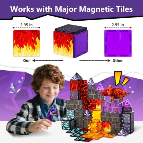 GobiDex Dinosaur Toys Magnetic Tiles Lava Cave Dinosaur World Set - Magnetic Building Blocks for Kids 3-5 5-7 Girls Boys Toys Age 4-6 6-8, STEM Sensory Toddler Birthday Gifts for 3+ Year Old Kids Toy - Thumbnail 3