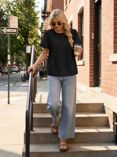 Funlingo Womens Blouses Summer Short Puff Sleeve Babydoll Tops for Women Casual Crew Neck Flowy Pleated Shirts Cute Clothes Black L - Thumbnail 6