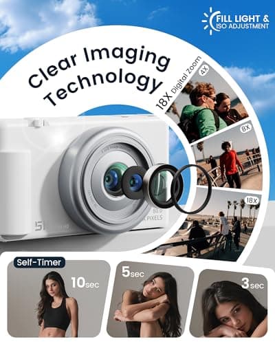 True 5K Digital Camera for Photography, Autofocus 80MP with 18X Digital Zoom 3" 270° Flip Screen Dual-Lens Selfie Camera for YouTube Vlogging & Content Creation, 2 Batteries, 32GB Card & Flash,White - Thumbnail 4