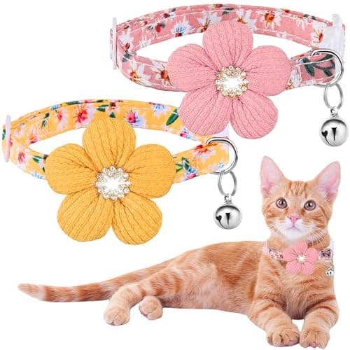 Cat Collar, HYQHYX Breakaway Kitten Collar with Flower,Rhinestone Kitty Collar with Bell, Floral Pet Collar with Safety Buckle for Cats and Puppy Dog