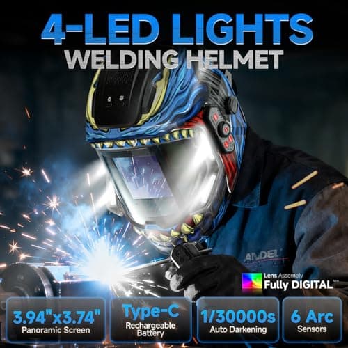ANDELI Welding Helmet with 4 LED Light, 180° Panoramic 6 Arc Sensor True Color Auto Darkening Welding Hood with Internal Display, 2400mAh Rechargeable Battery for TIG/MIG/Cut/Grind MONERDB-LED-PRO - Thumbnail 4