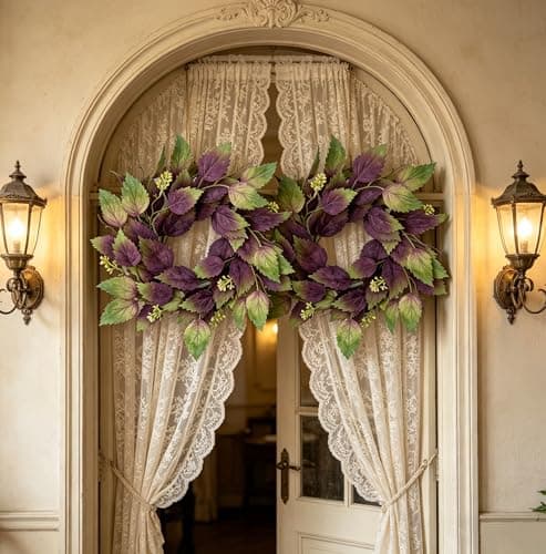 2 Pcs 16" Purple Hibiscus & Eucalyptus Leaf Wreath - Artificial Greenery Candle Ring Wreath for Front Door, Porch, Window, Farmhouse & Home Holiday Decor - All Season Wreath - Thumbnail 5
