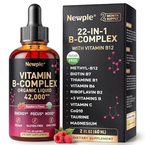 Newpie Vitamin B Complex Liquid Drops - B12 Methylcobalamin, B6, B1, Niacin & Folate, Biotin, Vitamin C, Choline, Inositol, CoQ10 & Taurine - Methylated Sublingual for Energy & Focus - Vegan, Organic - Image 1