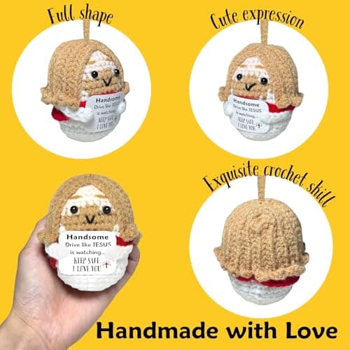 Easter Basket Stuffers for Men Driver: Crochet Little Jesus Christian Gifts Handmade Car Decors with 'Keep Safe' Cards Rearview Mirror Hanging Accessories, Catholic Religious Husband Him Gift Ideas - Thumbnail 4