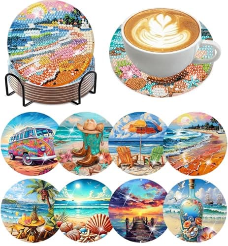 Ekuxom 8 pcs Beach Diamond Art Coasters Kits with Holder, DIY Ocean Diamond Painting Coasters, Non Slip Coaster Crafts Kits for Adults Beginners Gifts - Image 1