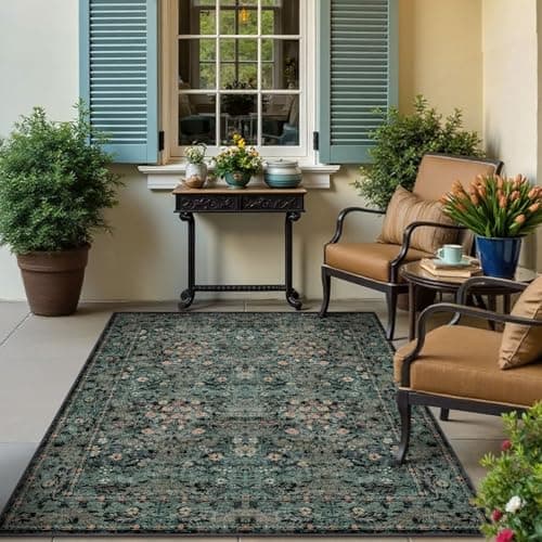 Large Moody 3x5 Rugs for Entryway Indoor, Dark Green Washable French Country Inspired Non Slip Area Rug for Dorm, Kitchen, Bedroom Bedside, Foyer, Laundry Room - Boho Distressed Floral Front Door Mat - Thumbnail 2