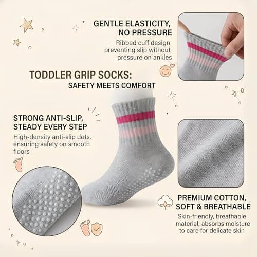 BISOUSOX Toddler Socks with Grips, Seamless Cotton Non-Slip Crew Baby Boy Girl Grippy Socks for 0-5T Walking, Crawling - Thumbnail 4