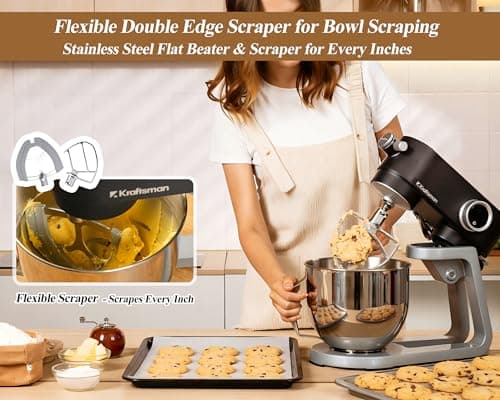 Kraftsman All Metal Stand Mixer 5.3 Quart with 4 Stainless Steel Attachments, Heavy Duty Dough Mixer with DC Motor, Lower Noise, Verstile Mixer with Power Hub, 8-Speed & Timer (Black) - Thumbnail 4