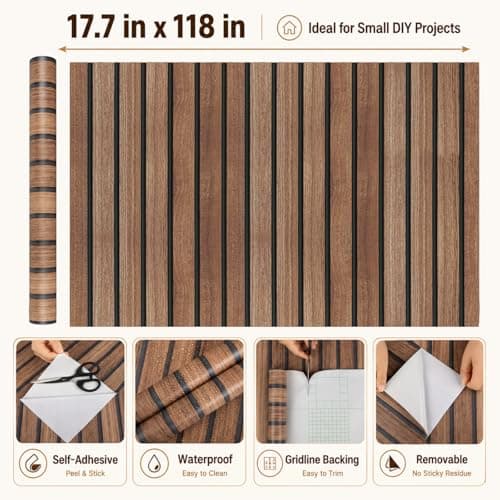 Abyssaly Wood Slat Peel and Stick Wallpaper, Brown Striped Wood Panel Grain Contact Paper, Removable Self Adhesive Faux Wooden Panel Wall Covering for Bedroom 17.7 in X 118 in - Thumbnail 3