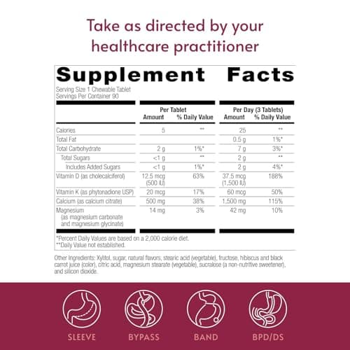 Bariatric Advantage Calcium Citrate Chewable 500 mg - for Bariatric Surgery Patients - High-Potency, Easy-Digest Tablets - Calcium Citrate - Bone Strength Supplements* - 90 Count - Wild Cherry - Thumbnail 4