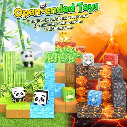 Magnetic Blocks-Build Mine Magnet World Dinosaur Panda Toys Kids Games, Toddler STEM Educational Sensory Dino Toys for Kids 3-5 5-7, Birthday Gifts for 3 4 5 6 7 8 Year Old Boys and Girls - Thumbnail 2