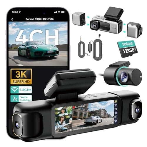 BOTSLAB 3K 4 Channel Dash Cam with Hardwire Kit, 24/7 Parking Mode, 360°All-Sides View, Front and Rear Inside Car Camera, 3.18”Touch Screen,Night Vision Voice Control,Free 128GB Card 5.8GHz WiFi & GPS