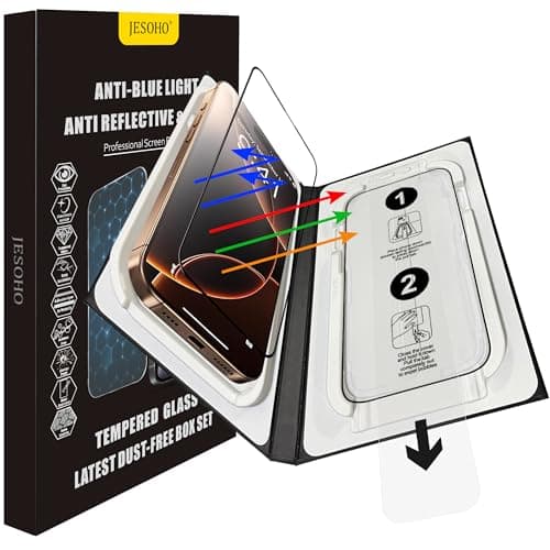 JESOHO Screen Protector for iPhone 16 pro/17, Blue Light Blocking, Anti-Reflective Shatterproof HD Tempered Glass with Easy Installation Tray,Touch Sensitive 9H Anti-Scratch,2 Pack - Image 1