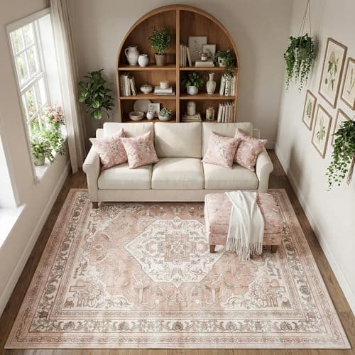 Cnythlis Washable Area Rug, Water-Resistant Vintage Medallion Carpet with Non-Slip Backing, Foldable Floor Mat for Living Room Pets, 0.26" Low Pile, Blush Pink, 5'x7' - Image 1