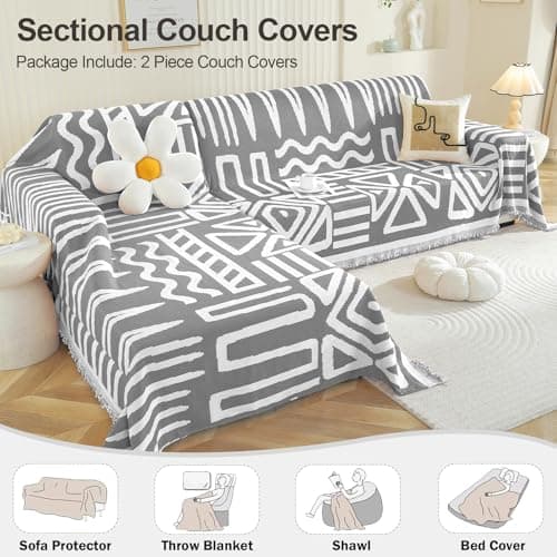 OstepDecor Boho Sectional Couch Covers 2 Pieces, L Shaped Sofa Cover, Chenille Couch Cover for Dogs Washable, Couch Cover Blanket, Sofa Slipcover for 2-3 Cushion Couch (71"x110"+71"x118", Dark Grey) - Thumbnail 4