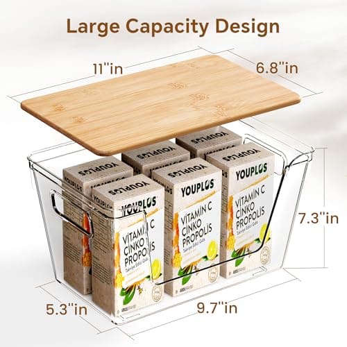 Criusia 2 Set Pantry Organizers and Storage with Bamboo Lids, Stackable Clear Bins for Onion, Potato, Fruit, Vegetables, Trash Bag Dispenser, Kitchen and Under Sink Organizer - Thumbnail 2