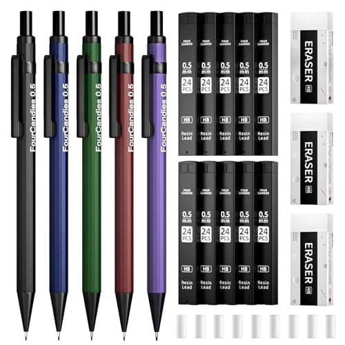 Four Candies Metal Mechanical Pencils 0.5, with #2 Pencil Leads 0.5mm, Eraser Set and Eraser Refills, 19-Count Pack with Case, Back to School Supplies for Writing, Drafting, Drawing