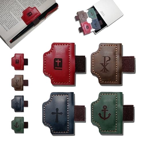 Buyborgood 4 Pcs Personalized Magnetic Leather Bookmark Pen Holder Book Lovers Christian Gifts Bygone Mark for Reading, Red-Bible + Coffee-Chi-Rho + Blue-Cross + Green-Anchor - Image 1