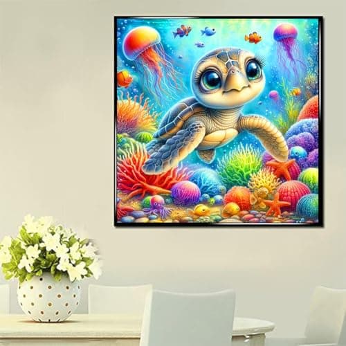 ijbnhd Cute Turtle Diamond Painting Kit for Adults, Sea Turtle Diamond Art Kits for Beginners, Full Drill Round Gem Art Diamond Painting for Home Wall Decor Gift 14x14inch - Thumbnail 3