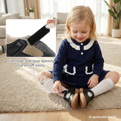 STQ Wide Toe Box Toddler Mary Jane Dress Shoes Zero Drop Girls Ballet Flats for Party School Uniform Shoe with Hook and Loops Black Infant 3 - Thumbnail 5
