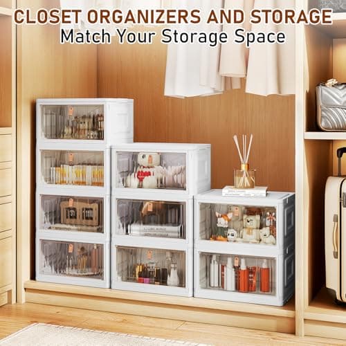 4 Tier Storage Bins with Lids, 23QT Stackable Closet Organizers and Storage with Wheels, Collapsible Storage Boxes, Foldable Plastic Storage Containers for Home,Office, Dorm Room-White - Thumbnail 5