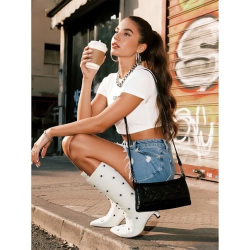 QIV White Studded Knee High Boots Women Pointed Toe Kitten Heel Mid Wide Calf Boots with Zipper Size 9 - Thumbnail 4