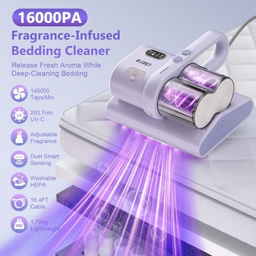 Cleera Mattress Vacuum Cleaner, 16KPa Suction, 14000RPM Tapping, 253.7nm UV-C Dual Optical Sensors, 400W Bed & Couch Vacuum, Dual Brushroll, Smart Dust Sensor, HEPA Filtration for Sofa Crib Carpet - Thumbnail 2