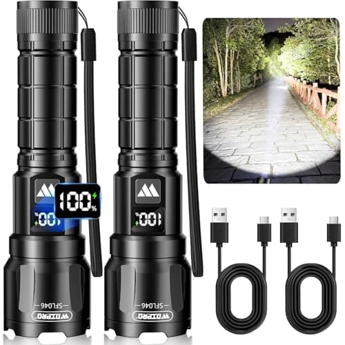 WdtPro Rechargeable Flashlights High Lumens 2Pack, Super Bright Flashlight Powerful, 3Mode Zoomable Tactical Flash Light with LCD Digital Display, Handheld LED Flashlights for Home Emergencies Camping - Image 1