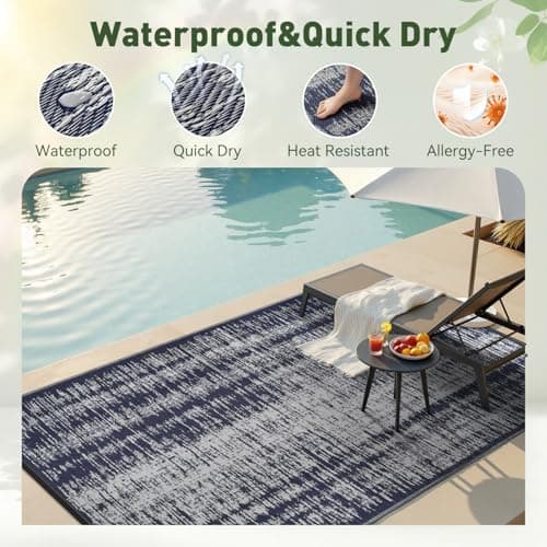 MontVoo Outdoor Rug Waterproof 6x9 ft Outdoor Carpet Patio Rug Mat Reversible RV Camping Rug Plastic Straw Outside Rug for Balcony Porch Deck Picnic Beach Modern Navy - Thumbnail 2