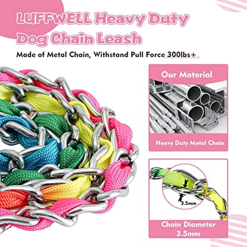 LUFFWELL Heavy Duty Metal Dog Chain Leash with Comfortable PU Leather Padded Handle, Chew Proof for Medium Large Pooch Walking Training (6FT 3.5mm Colorful) - Thumbnail 2