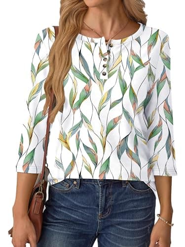 GKBK 3/4 Sleeve Womens Tops Fall Clothes Henley Casual Spring Summer Lightweight Basic Tunic Shirts - Thumbnail 2