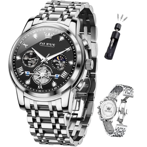 OLEVS Watch Men Luxury Dress Black Big Face Silver Stainless Steel Wrist Analog Quartz Watches for Men Waterproof Chronograph Luminous Moon Phase Cheap Mens Watches Relojes para Hombres - Image 1