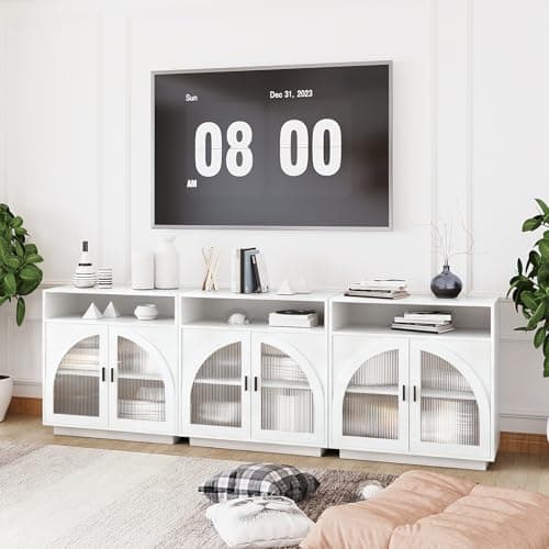 ALWXIA Sideboard Buffet Cabinet with Storage, 94.5” Farmhouse Curved Design Accent Cabinet with Acrylic Doors & Adjustable Shelves, Modern Coffee Bar (Sideboard W/Compartment_White, 3Pcs) - Image 1