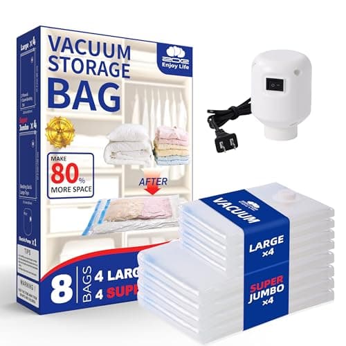 ZoeEnjoyLife, Vacuum Storage Bags with Electric Pump, 8 Pack (4 Large and 4 Super Jumbo), Heavy Duty Reusable PA+PE Space Saver Bags for Bedding, Comforters, Blankets, Clothes, Home and Travel Storage - Image 1