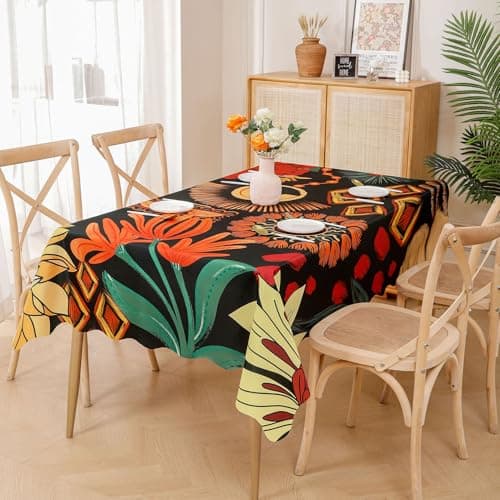 Tyrot Scalloped Black Boho Floral Rectangle Table Cloth Farmhouse Waterproof Stain Resistant Tablecloth Mid Century Modern Botanical Indoor Outdoor Table Covers for Kitchen Dining/Party, 60x84 - Image 1
