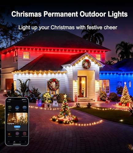 Seyxicnor Permanent Outdoor String Lights, 50ft RGBW+IC Smart LED Eaves Lights Waterproof IP67, App & Remote Control, Multi-Colored DIY Scene Lighting for Halloween Christmas House Year-Round Decor - Thumbnail 2
