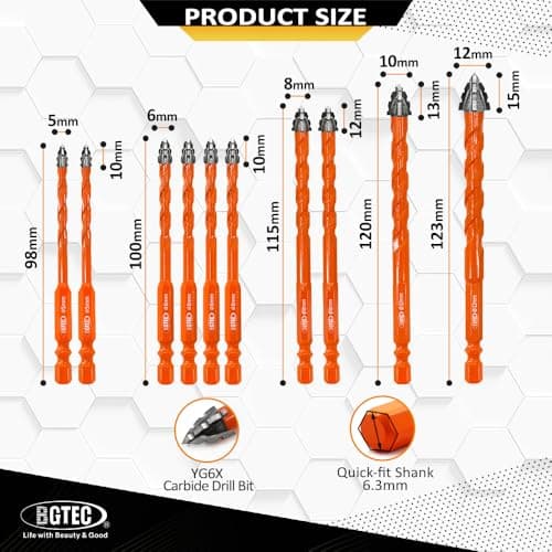 BGTEC Serrated Carbide Masonry Drill Bit Set - 10PCS 3/16"*2，1/4"*4，5/16"*2，3/8"，1/2" Wood Drill Bits for Wood Plastic Masonry Brick Tile Glass Concrete Marble - Thumbnail 2