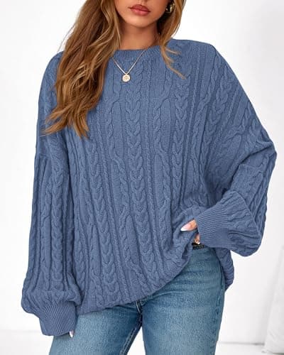 KIRUNDO Oversized Chunky Cable Knit Sweater Women 2026 Fall Fashion Cozy Long Sleeve Crewneck Pullover Winter Clothing(Blue, Small) - Thumbnail 3