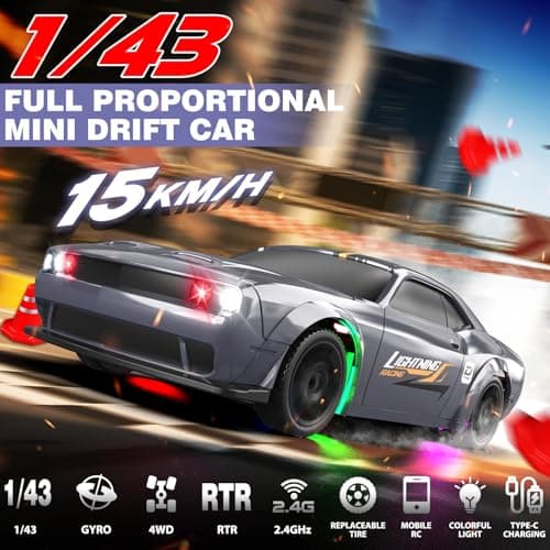 Sakeye 1/43 RC Drift Car, Mini Drifting RC Car with Gyro 2.4GHz Full Proportional Drift Cars 4WD RTR Remote Control Cars with Colorful Lights High Speed Fast Racing Vehicle Gift for Kids Boys Adults - Thumbnail 2