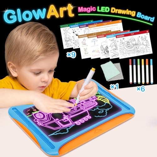 YUBALEER Magic LED Drawing Board for Kids, Toys for Boys Ages 5-7, Light Up Tracing Pad with 9 Double-Sided Cards, 6 Washable Pens, Glow Up Toys for Kids 4-6 Year Old Christmas Birthday Gifts - Thumbnail 4
