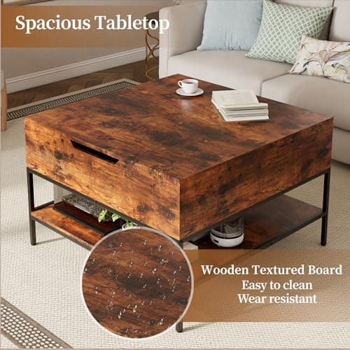 AQY 31.5" Flip Top Coffee Table with Storage, Square Coffee Tables for Living Room, Modern Farmhouse Heavy Duty Coffee Table with Large Hidden Compartment and Storage Shelves,Assembly Required - Thumbnail 6