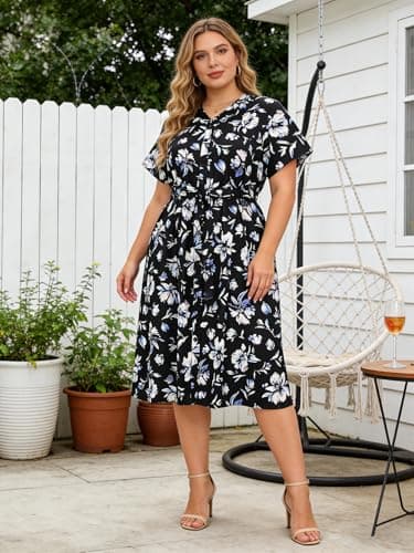Charming Ashley Plus Size Women's Dress 2026 Summer V-Neck Short Sleeve Midi Dress with Pockets Beach Resort Wear 1X-5XL Black - Thumbnail 2